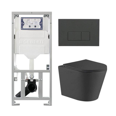 QeramiQ Dely Pack WC suspendu - 36.3x51.7cm - rimless - bâti-support Geberit UP320 - abattant softclose - plaque de commande anthracite mat - boutons rectangulaires - noir mat