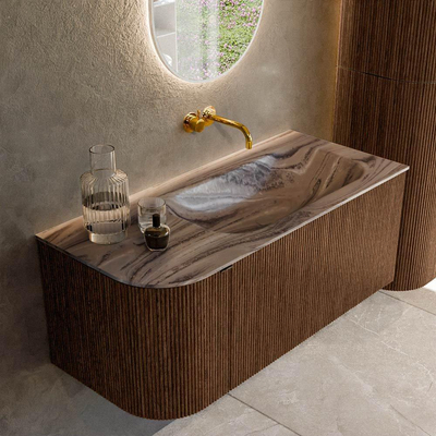 MONDIAZ KURVE-DLUX 105cm badmeubel ronding Links kleur Walnut met 1 lade en 1 deur. Wastafel BIG SMALL Rechts zonder kraangat Sombra.