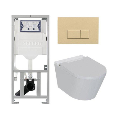 QeramiQ Luma Ensemble WC-douche - réservoir encastré Geberit UP320 - avec cadre Burda - sèche-cheveux - douchette féminine - plaque de commande beige - boutons rectangulaires - blanc brillant