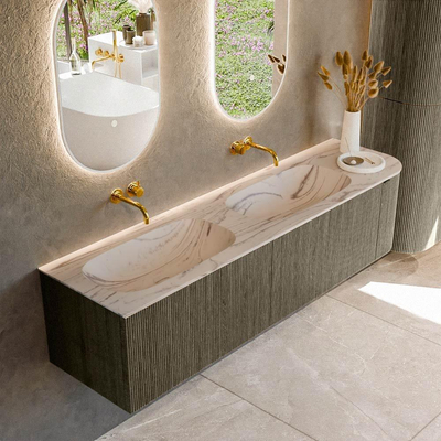 MONDIAZ KURVE-DLUX Meuble de salle de bains 175cm arrondi à droite couleur Shadow avec 2 tiroirs et 1 porte. Lavabo STOR SMALL Double / Gauche sans trou de robinet Nata.