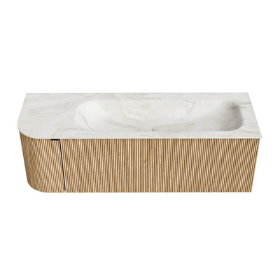 MONDIAZ KURVE-DLUX Meuble de salle de bains 135 cm avec module 25 L couleur Oak avec 1 tiroir et 1 porte. Lavabo BIG MEDIUM à droite sans trou de robinet couleur Ostra.