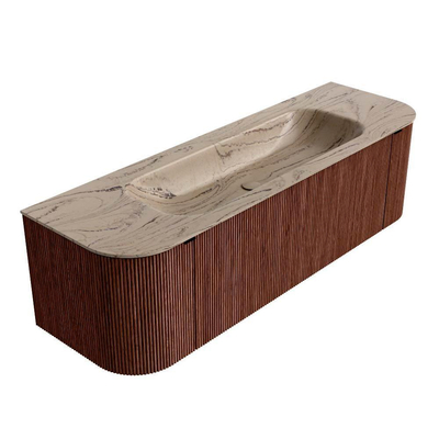 MONDIAZ KURVE-DLUX Meuble de salle de bains 150cm arrondi Gauche + Droite couleur Ruby avec 1 tiroir et 2 portes. Lavabo BIG MEDIUM Central 1 trou de robinet Arena.