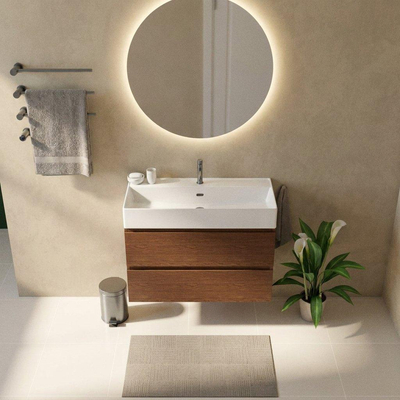 Saniclass Holz Pure Ensemble meuble de salle de bains - 100x45x72cm - Legend lavabo en céramique blanc - 1 vasque - 1 trou de robinetterie - 2 tiroirs - noyer pure mat (bois)
