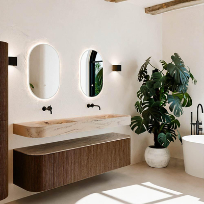 MONDIAZ THOR-DLUX 170cm meuble de salle de bains arrondi gauche + droite couleur Walnut avec 1 tiroir et 2 portes. Vasque suspendue CLOUD Double sans trou de robinet couleur Arena.