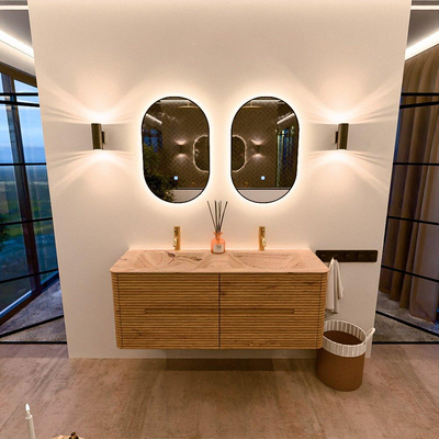 Mondiaz CIRO-DLUX Meuble de salle de bains - 130x45x50cm - Plan vasque Solid surface Arena - 2 vasques Double - 2 trous de robinetterie - 4 tiroirs - Chêne