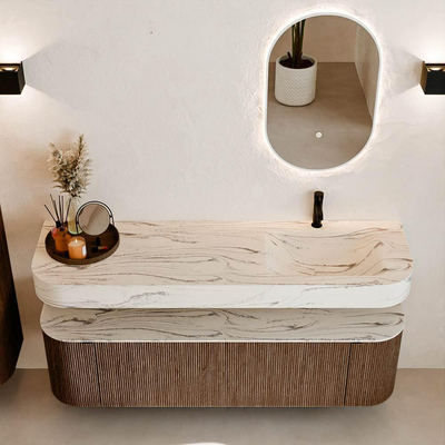 MONDIAZ THOR-DLUX 160cm badmeubel ronding links + rechts kleur Walnut met 1 lade en 2 deuren. Vrijhangende wastafel CLOUD Rechts 1 kraangat kleur Nata.