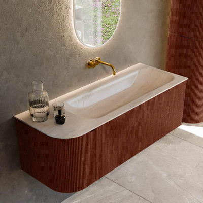 MONDIAZ KURVE-DLUX 125cm badmeubel ronding Links kleur Ruby met 1 lade en 1 deur. Wastafel BIG MEDIUM Rechts zonder kraangat Meli.