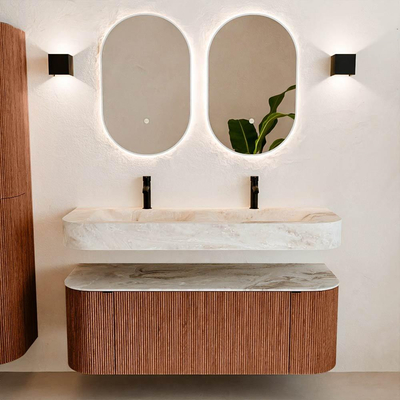 MONDIAZ THOR-DLUX Meuble de salle de bains 130cm arrondi gauche + droite couleur Ruby avec 1 tiroir et 2 portes. Vasque suspendue CLOUD Double 2 trous de robinet couleur Frappe.