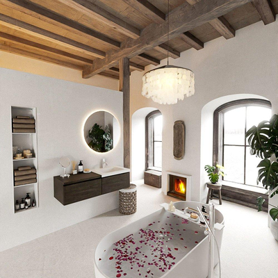 MONDIAZ BUKLA 120cm ensemble de meuble avec module 60 couleur Marron Foncé avec 2 tiroirs. Lavabo CLOUD à droite 1 trou de robinet couleur Talc.