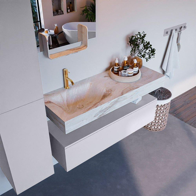 Mondiaz ALAN-DLUX Ensemble de meuble - 120cm - meuble Cale mat - 1 tiroir - Lavabo Cloud Frappe suspendu - vasque Gauche - 1 trou de robinet