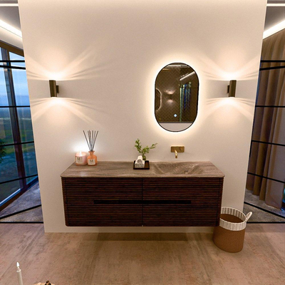 Mondiaz CIRO-DLUX Ensemble de meuble de salle de bains - 150x45x50cm - plan de toilette en solid surface Oza - 1 vasque à droite - sans trous de robinet - 4 tiroirs - Noyer