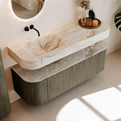 MONDIAZ THOR-DLUX 140cm meuble de salle de bains arrondi gauche + droite couleur Shadow avec 1 tiroir et 2 portes. Vasque suspendue CLOUD gauche sans trou de robinet couleur Frappe.