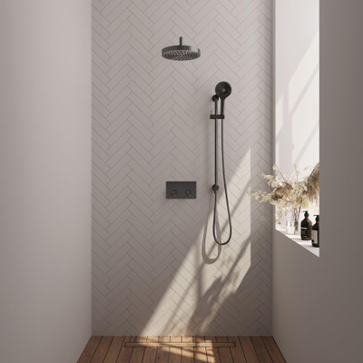 BRAUER Stripe Thermostatische Inbouw Regendouche - drukknoppen - SET 35 - 25cm douchekop - gebogen muurarm - 3-standen handdouche - doucheslang - geïntegreerde glijstang - gunmetal geborsteld PVD