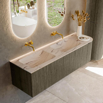 MONDIAZ KURVE-DLUX Meuble de salle de bains 155cm arrondi à droite couleur Shadow avec 2 tiroirs et 1 porte. Lavabo LEAF Double / Gauche sans trou de robinet Nata.