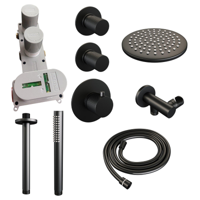 Ensemble de douche pluie encastré Brauer Black Carving - douche principale 20 cm - bras plafond - 3 boutons avec relief douchette à main Barre 1 fonction - noir mat