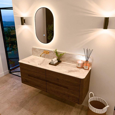 Mondiaz CIRO-DLUX Badkamermeubelset - 140x45x50cm - Solid surface wastafel Frappe - 1 wasbak Links - zonder kraangaten - 4 lades - Dusk