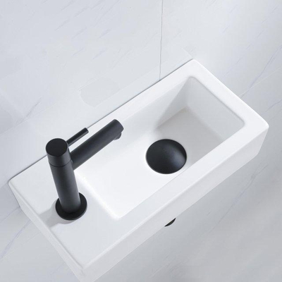 FugaFlow Efficiente Pietra Ensemble de fontaine - 37,5x18,5x9cm - céramique - trou de robinet à gauche - robinet de fontaine noir mat - bouchon de vidange - siphon abaissé - Blanc brillant