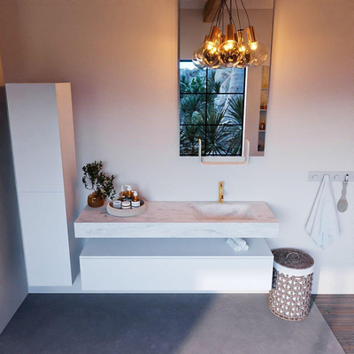 Mondiaz ALAN-DLUX Ensemble de meuble - 150cm - meuble Talc mat - 1 tiroir - Lavabo Cloud Opalo suspendu - vasque Droite - 1 trou de robinet