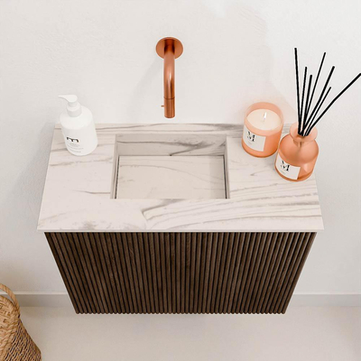 Mondiaz JOYA-DLUX 50cm toiletmeubel - kleur Walnut - Wastafel FAYE positie Links Zonder kraangat kleur Nata.