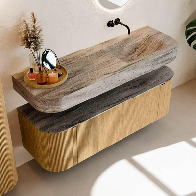 MONDIAZ THOR-DLUX 140cm meuble de salle de bains arrondi gauche + droite couleur Oak avec 1 tiroir et 2 portes. Vasque suspendue CLOUD droite sans trou de robinet couleur Oza.