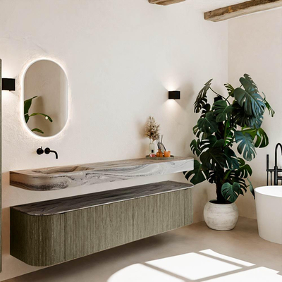 MONDIAZ THOR-DLUX 200cm meuble de salle de bains arrondi gauche + droite couleur Shadow avec 2 tiroirs et 2 portes. Vasque suspendue CLOUD Gauche sans trou de robinet couleur Sombra.