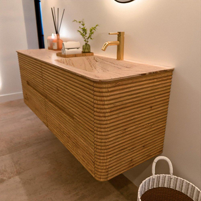 Mondiaz CIRO-DLUX Badkamermeubelset - 140x45x50cm - Solid surface wastafel Arena - 1 wasbak Rechts - 1 kraangat - 4 lades - Oak