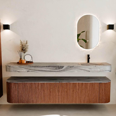 MONDIAZ THOR-DLUX Meuble de salle de bains - 200cm - arrondi gauche + droite - couleur Ruby - 2 tiroirs et 2 portes - Vasque suspendue CLOUD Droite 1 trou de robinet - couleur Sombra