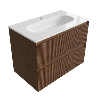 Saniclass Holz Atelier Ensemble meuble de salle de bains - 80x45x73.9cm - Lavabo Chaci en céramique blanc - 1 vasque - 1 trou de robinetterie - 2 tiroirs - walnut pure mat (bois)