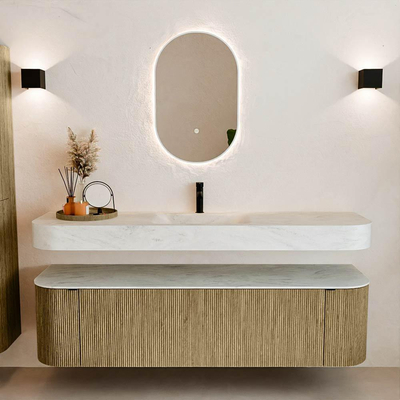 MONDIAZ THOR-DLUX 170cm badmeubel ronding links + rechts kleur Dusk met 1 lade en 2 deuren. Vrijhangende wastafel CLOUD Midden 1 kraangat kleur Opalo.