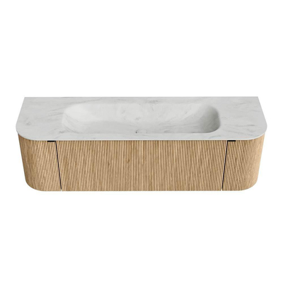 MONDIAZ KURVE-DLUX Meuble de salle de bains 150 cm avec module 25 Len R couleur Oak avec 1 tiroir et 2 portes. Lavabo BIG MEDIUM central 1 trou de robinet couleur Opalo.