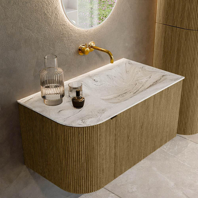 Mondiaz KURVE-DLUX Badkamermeubelset - 85x46x40cm - 1 lade - 1 deur - wastafel solid surface - rechts - zonder kraangat - Dusk