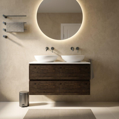 Saniclass Holz Pure Ensemble de meubles de salle de bains - 120x45x62.5cm - plan de toilette Torino en solid surface blanc - sans trou de robinetterie - 4 tiroirs - chêne charcoal mat (bois)