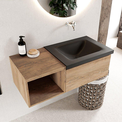 MONDIAZ BUKLA 100cm meuble de salle de bains avec module ouvert 40 couleur Washed Oak avec 1 tiroir. Lavabo CLOUD à droite 0 trou de robinet couleur Urban.