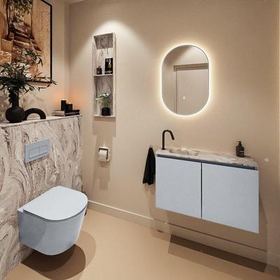 MONDIAZ TURE-DLUX Meuble toilette - 80cm - Clay - EDEN - vasque Glace - position gauche - 1 trou de robinet