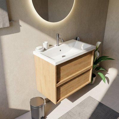 Saniclass Holz Frame Ensemble de meubles de salle de bains - 80x45x63.5cm - Lavabo en céramique Bari blanc - 1 vasque - 1 trou de robinetterie - 2 tiroirs - chêne naturel mat (bois)