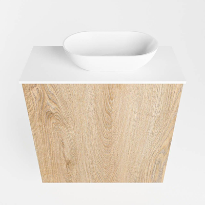 Mondiaz Fowy meuble de toilette - 50x50x23cm - chêne blanchi mat - 1 trou de robinet - lavabo à droite - 1 porte - solid surface - plan Mélamine - lavabo : blanc