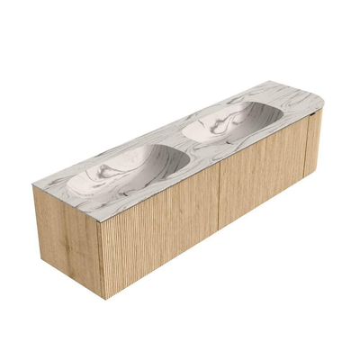 MONDIAZ KURVE-DLUX 175cm badmeubel ronding Rechts kleur Oak met 2 lades en 1 deur. Wastafel STOR SMALL Dubbel / Links 2 kraangaten Nata.