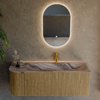 MONDIAZ KURVE-DLUX 125cm badmeubel ronding Links kleur Dusk met 1 lade en 1 deur. Wastafel BIG MEDIUM Rechts 1 kraangat Sombra.