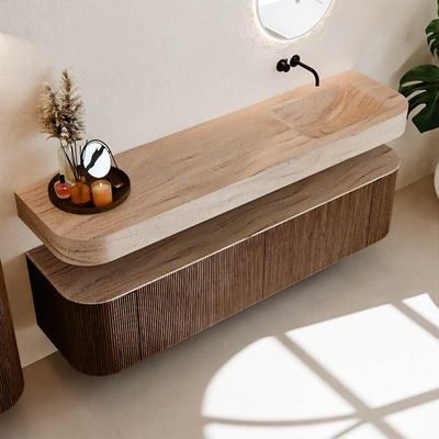 MONDIAZ THOR-DLUX 180cm badmeubel ronding links + rechts kleur Walnut met 2 lades en 2 deuren. Vrijhangende wastafel CLOUD Rechts zonder kraangat kleur Saba.