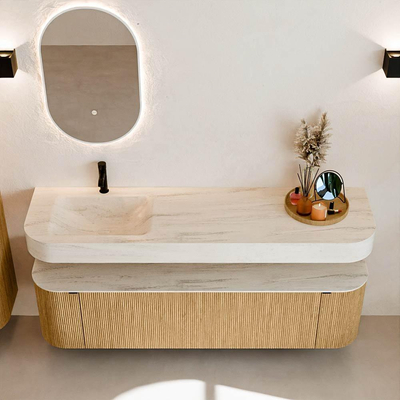 MONDIAZ THOR-DLUX 170cm badmeubel ronding links + rechts kleur Oak met 1 lade en 2 deuren. Vrijhangende wastafel CLOUD Links 1 kraangat kleur Meli.