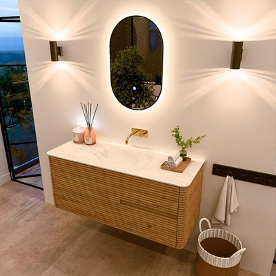 Mondiaz CIRO-DLUX Ensemble meuble de salle de bains - 120x45x50cm - Plan vasque solid surface Opalo - 1 vasque centrale - sans trous de robinet - 2 tiroirs - Chêne