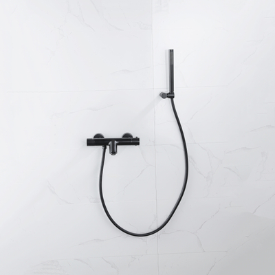 FortiFura Calvi Robinet de baignoire thermostatique avec douchette stick, support et flexible lisse Noir mat