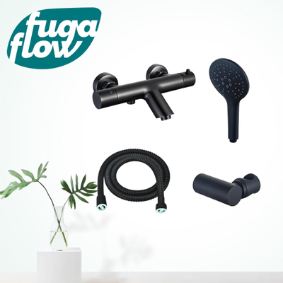 FugaFlow Eccelente Sobrado Robinet de baignoire thermostatique avec douchette ronde, support et flexible métal Noir mat