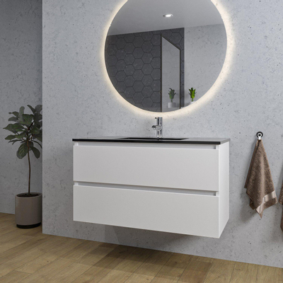 Adema Chaci Meuble salle de bain - 100x46x57cm - 1 vasque en céramique noire - 1 trou de robinet - 2 tiroirs - miroir rond avec éclairage - blanc mat