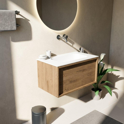 Saniclass Holz Frame Ensemble meuble de salle de bains - 80x45x41.5cm - Flow lavabo en Solid Surface blanc - 1 vasque - sans trou de robinet - 1 tiroir - chêne naturel mat (bois)