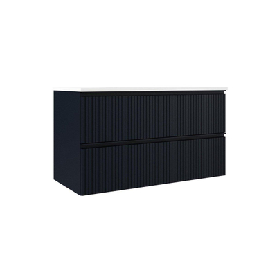 Saniclass Prime Blend Meuble de salle de bain - 100x55x46cm - 1 vasque ovale en céramique blanc - 1 trou de robinet - 2 tiroirs - miroir rectangulaire - mat marine bleu
