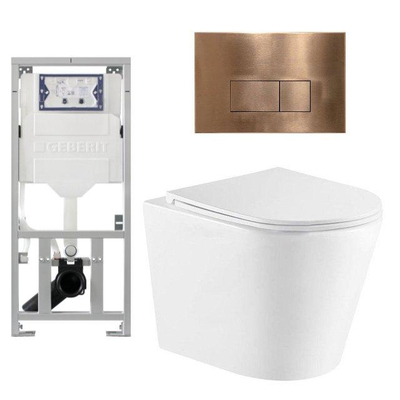 QeramiQ Dely Pack WC cuvette sans bride 36.3x51.7cm avec bâti-support Geberit UP320 abattant WC blanc mat frein de chute et plaque de commande Cuivre boutons Rectangulaires