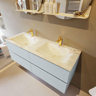 Mondiaz VICA-DLUX ensemble de meuble de salle de bain - 130cm - meuble sous-vasque argile - 4 tiroirs - lavabo encastré nuage double - 2 trous de robinet - version haute 60cm - frape