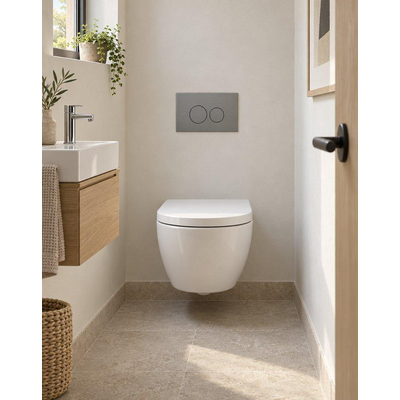 QeramiQ Dely Swirl Compact Toiletset - inbouwreservoir Geberit UP320 - met Burda frame - 25mm zitting - kunststof bedieningsplaat licht grijs - ronde knoppen - mat wit