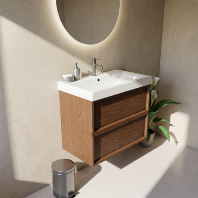 Saniclass Holz Frame Ensemble de meubles de salle de bains - 80x45x67.5cm - lavabo Wave en céramique - 1 vasque - 1 trou de robinetterie - 2 tiroirs - mat noyer pur (bois)